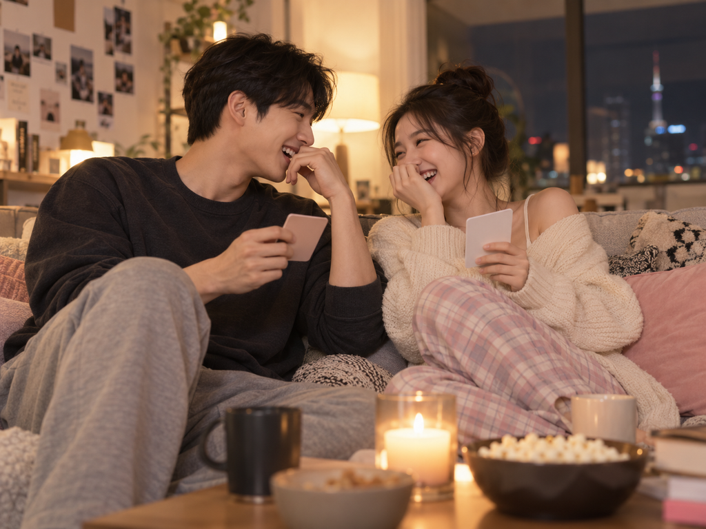 한국인 커플이 집에서 밸런스 게임 질문을 주고받으며 즐거운 시간을 보내는 모습