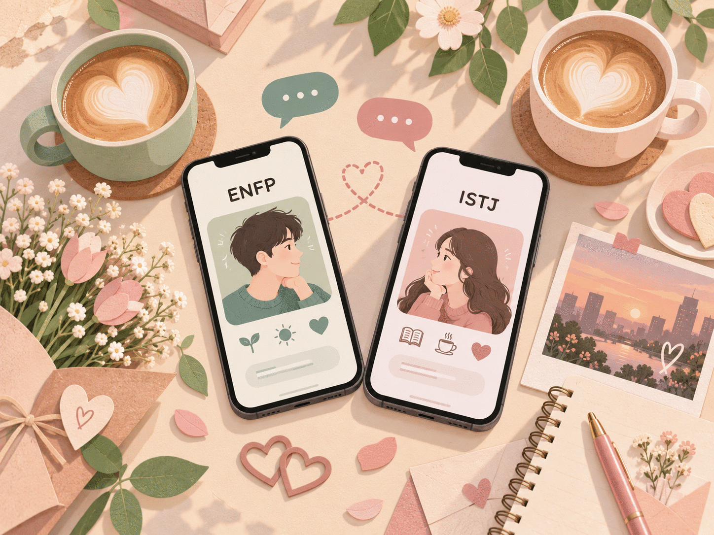 MBTI 연애 궁합 일러스트 MBTI 연애 궁합을 표현한 페이퍼 레이어 스타일 일러스트와 두 가지 성격 유형