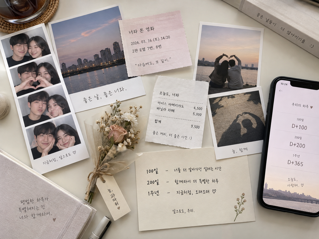 100일, 200일, 1주년의 추억을 사진과 영화 티켓, 꽃, 디데이 화면으로 기록한 커플 기념일 이미지