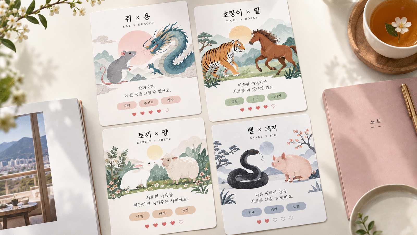 커플 띠 궁합과 12가지 띠 쥐와 용, 호랑이와 말, 토끼와 양, 뱀과 돼지의 띠 궁합을 보여주는 일러스트 카드