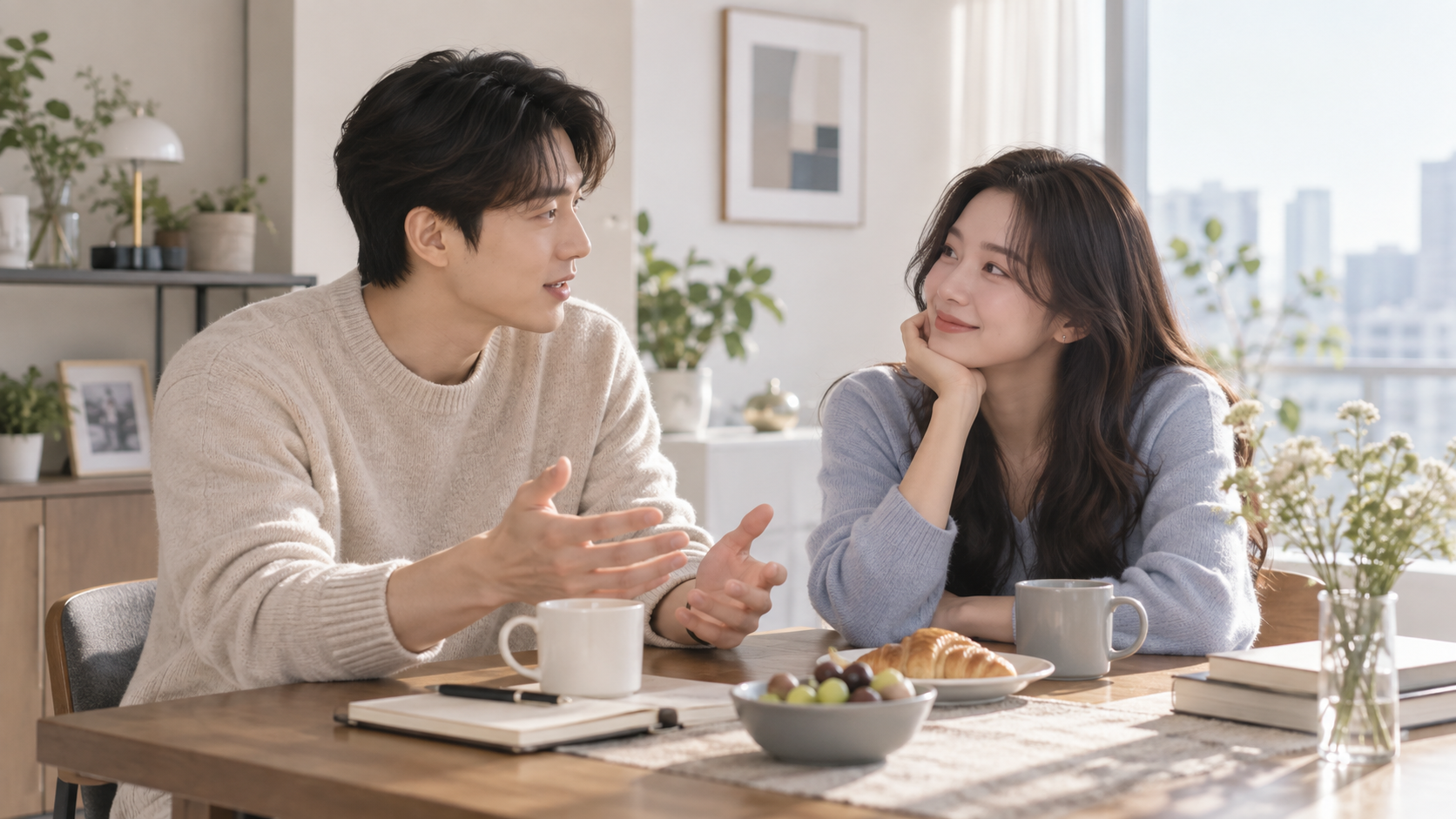 커플 가치관 질문 30가지 한국인 커플이 서로의 가치관에 대해 진지하지만 편안하게 대화하는 모습