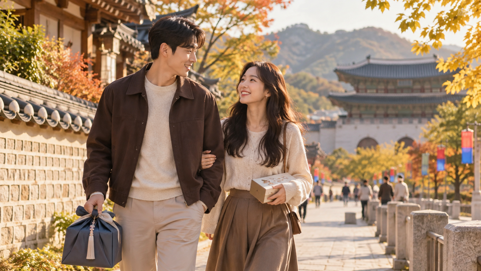 추석 연휴 커플 데이트 아이디어 15가지 추석 연휴에 고궁 근처를 산책하며 데이트를 즐기는 한국인 커플