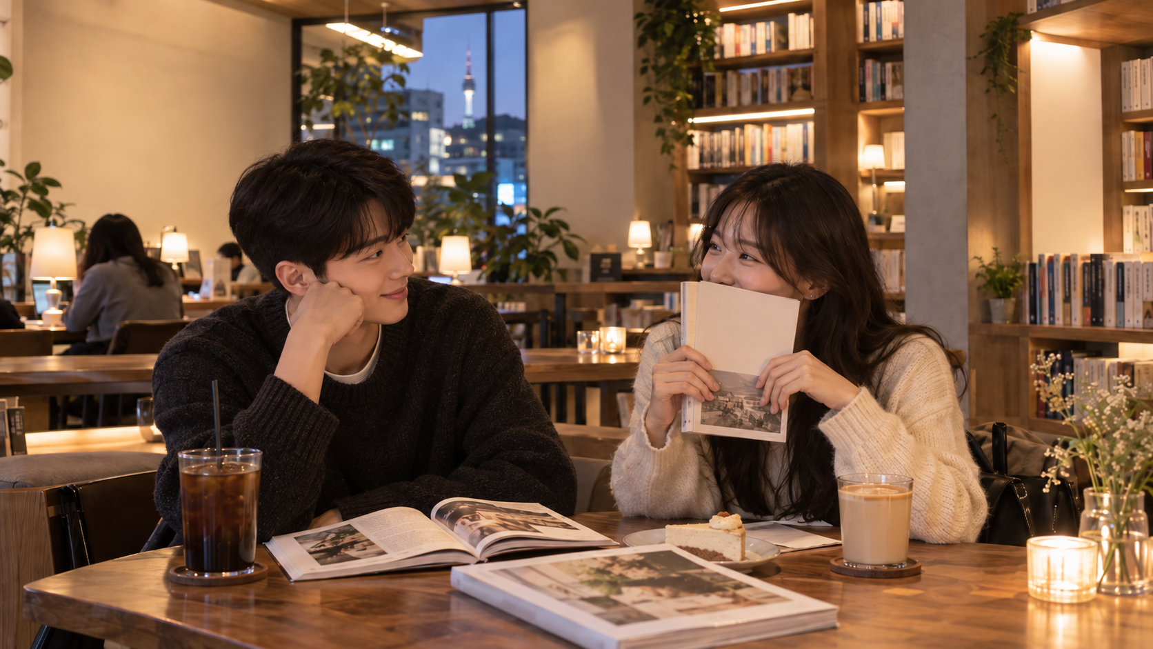 서울 북카페 실내 데이트 아이디어 서울의 북카페에서 책과 음료를 함께 즐기며 데이트하는 한국인 커플