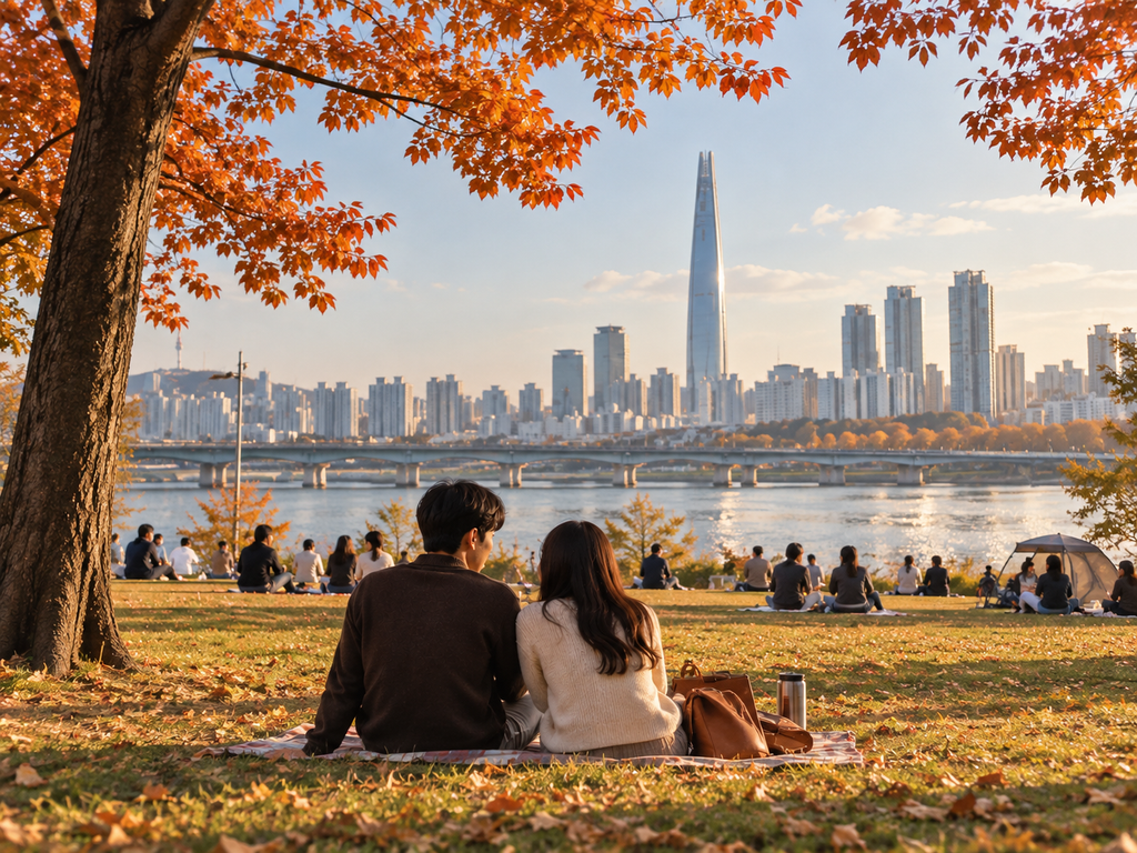 가을 뚝섬한강공원에서 한강을 바라보며 피크닉을 즐기는 한국인 커플