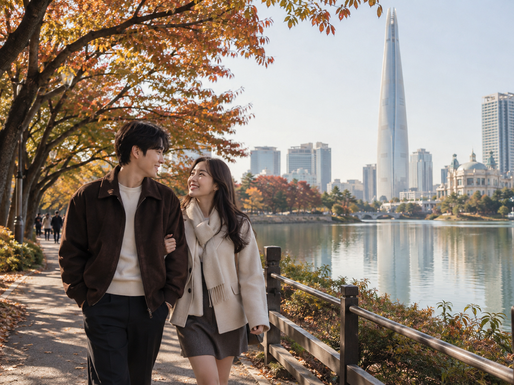 가을 석촌호수 주변을 함께 걸으며 데이트하는 한국인 커플