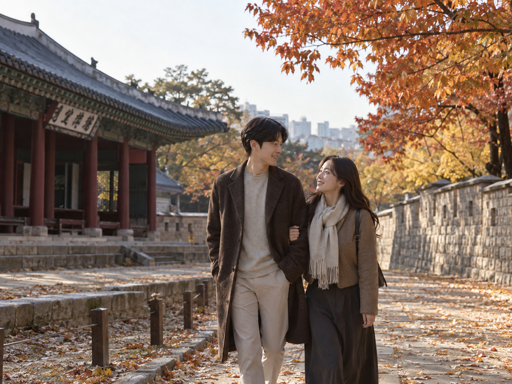 가을 단풍 속 성균관 명륜당과 성곽길을 걷는 한국인 커플