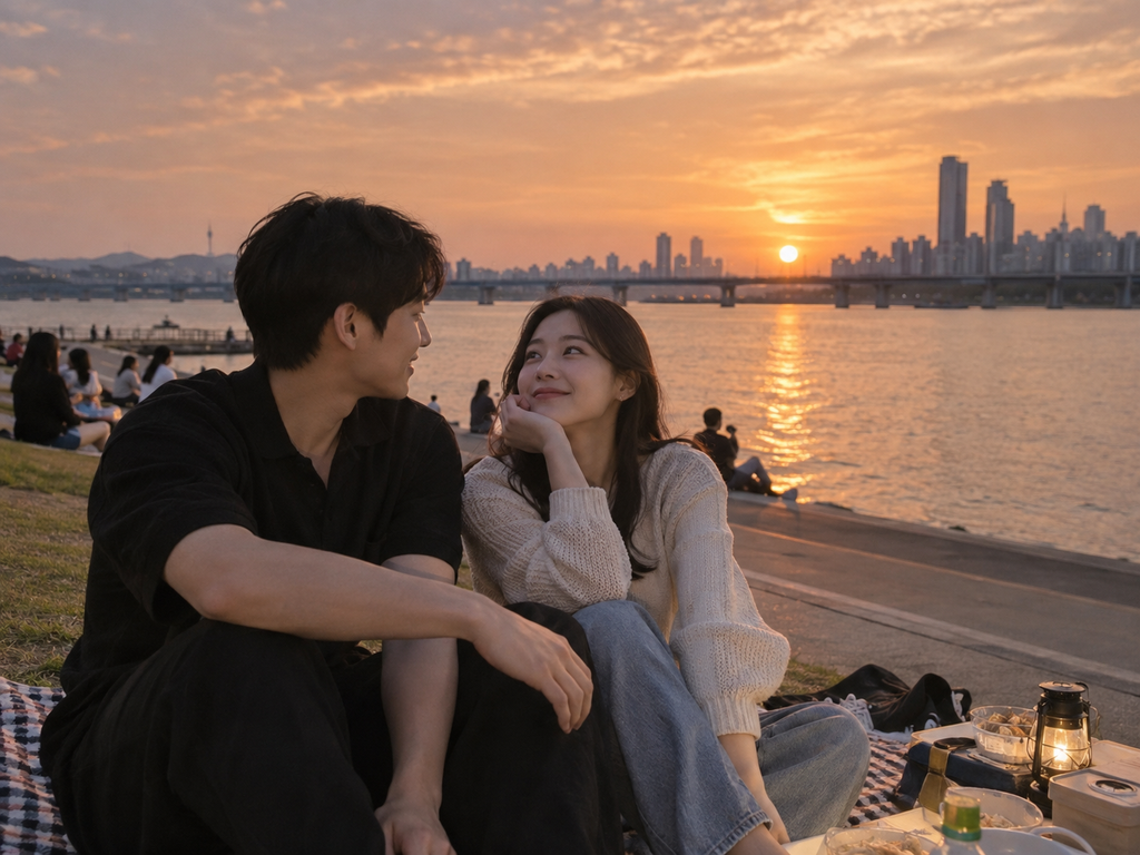 가을 저녁 반포한강공원에서 노을을 바라보며 데이트하는 한국인 커플