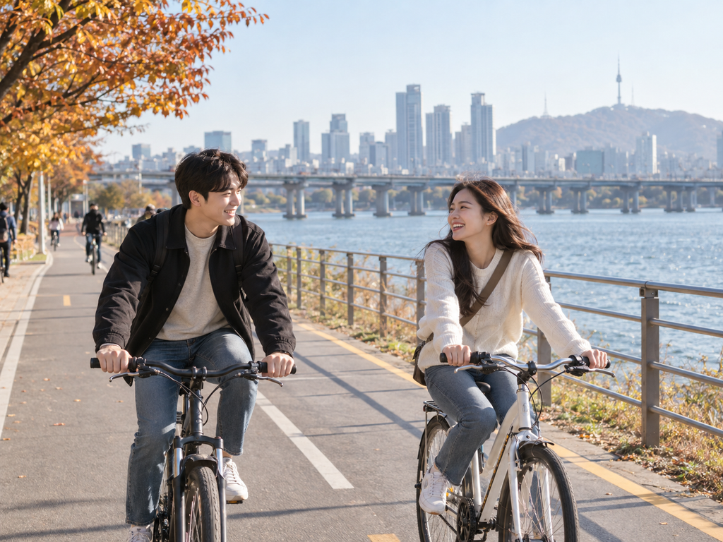 선선한 가을날 한강 자전거길을 함께 달리는 한국인 커플