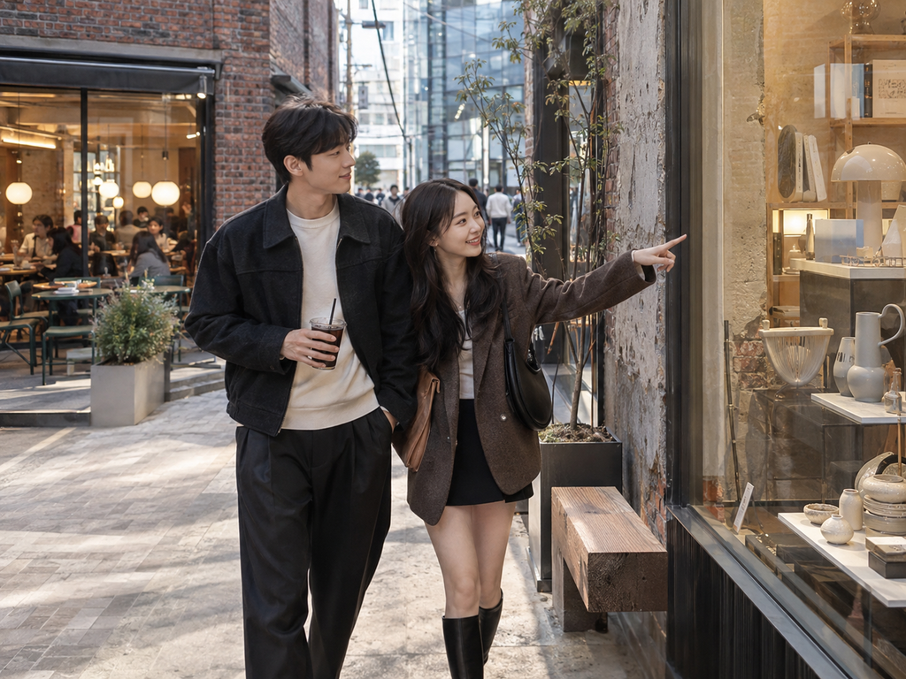 가을 성수동에서 카페와 소품샵을 둘러보며 데이트하는 한국인 커플