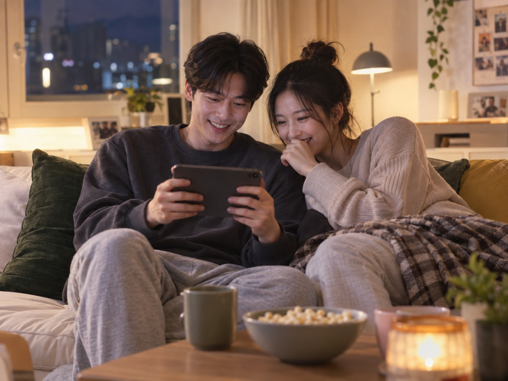 가을 데이트 후 집에서 함께 커플게임을 즐기는 한국인 커플